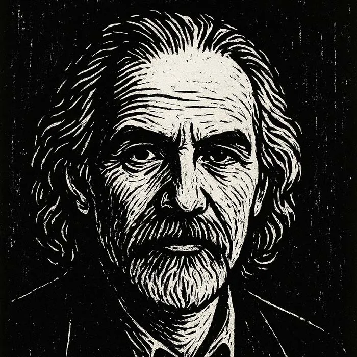 تصویر پرتره سیاه و سفید هوشنگ گلشیری؛ نویسنده‌ی بزرگ و پیشگام داستان‌نویسی مدرن ایران